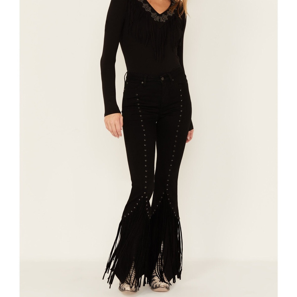IDYLLWIND FRINGE & EMBELLISHED HIGH RISIN' STRETCH FLARE JEANS